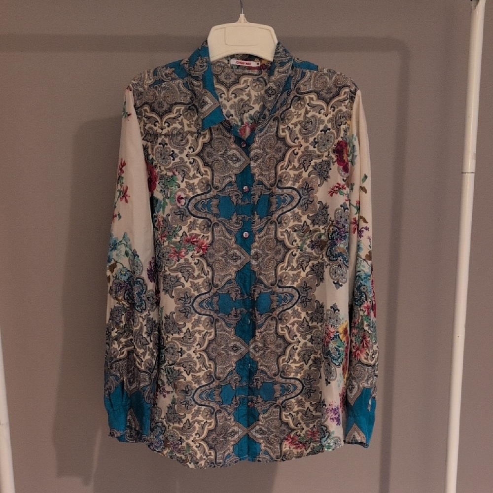 Johnny Was 100% Silk Button Down Long Sleeve Medium